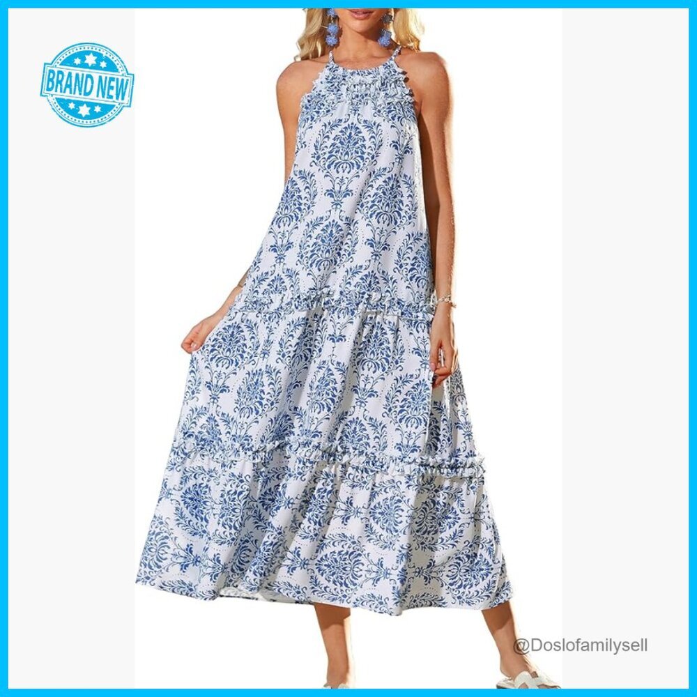 Boho Maxi Dress Halter Neck Flowy Tiered Ruffle Casual Summer Beach